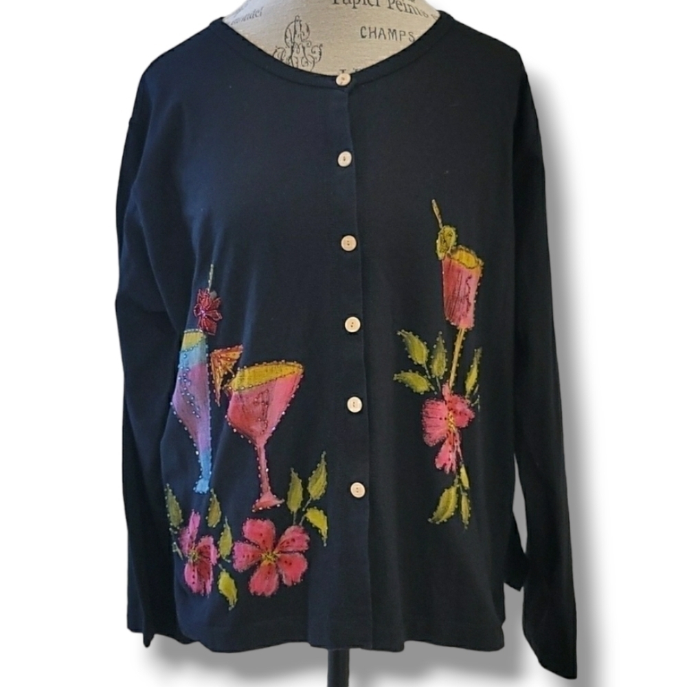 Coconut Reef Black Long Sleeve Button-Down Hand Painted Top - Size Large